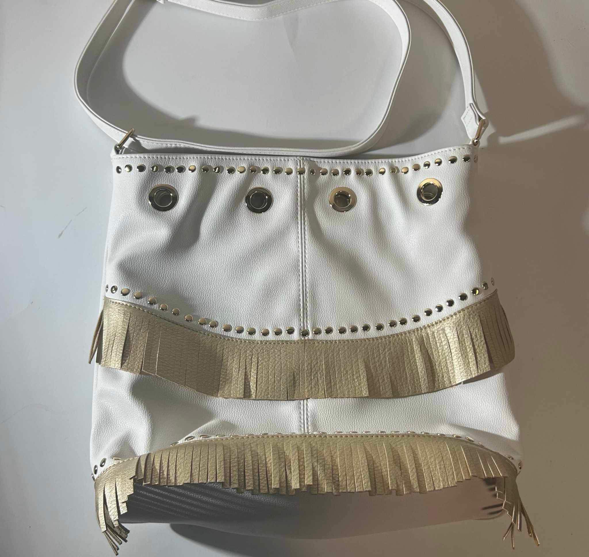 Venus White Gold Purse Metallic Fringe Studded Handbag