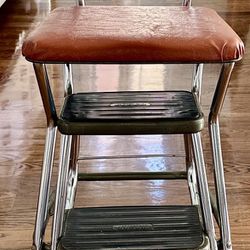 Vintage Step Stool/Chair-1950’s by Cosco. Brown Vinyl Industrial Metal~Fold in Steps-Mid Century Modern-Great used condition. 