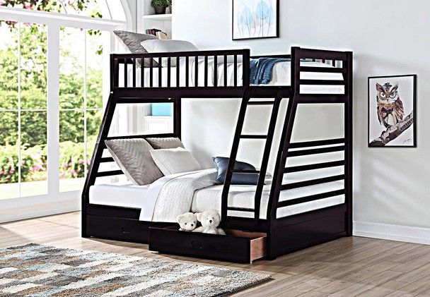 Twin / Full Bunk Bed Frame with 2 Drawers Espresso Finish