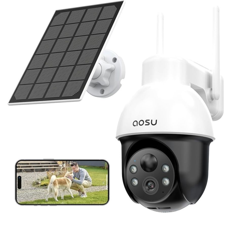 AOSU Solar Security Camera Wireless Outdoor System, 3K/5MP Battery Powered WiFi Camera for Home Security, Panoramic PTZ, Auto Tracking, Human/Vehicle