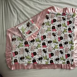 Light Pink playful monkey patterned blanket with matching burp cloth