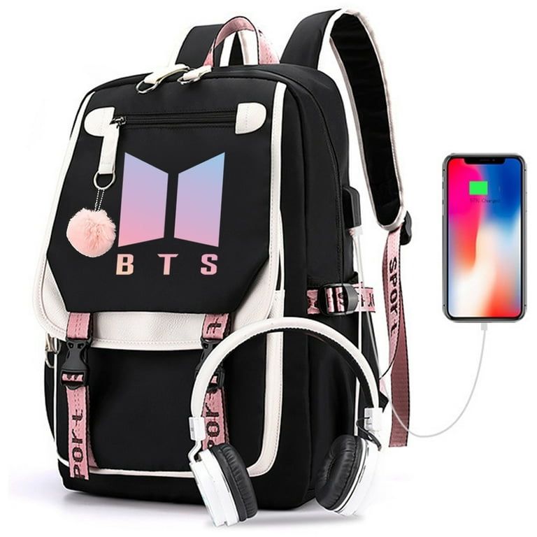 Kpop Bts School Backpack Merchandise, Features USB and Audio Cable Interface Breakers, Suitable For Students, Bts Laptop Bts and Casual Backpack
