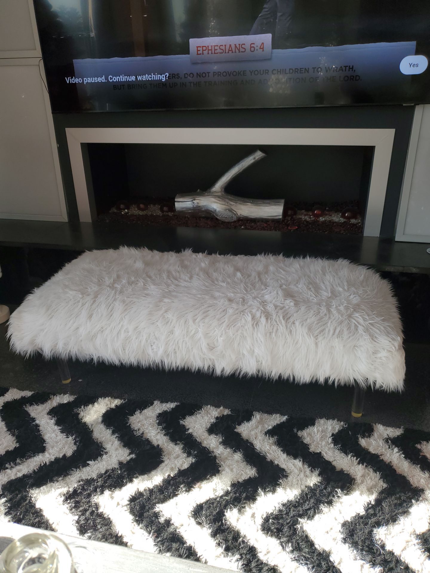 Custom-made white faux Fur ottoman