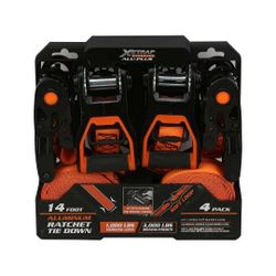 XSTRAP 1.25”x14' Aluminium Tie-Down Ratchet 1000lbs WLL with Safety Lock S Hooks & Soft Loops (4-Pack)