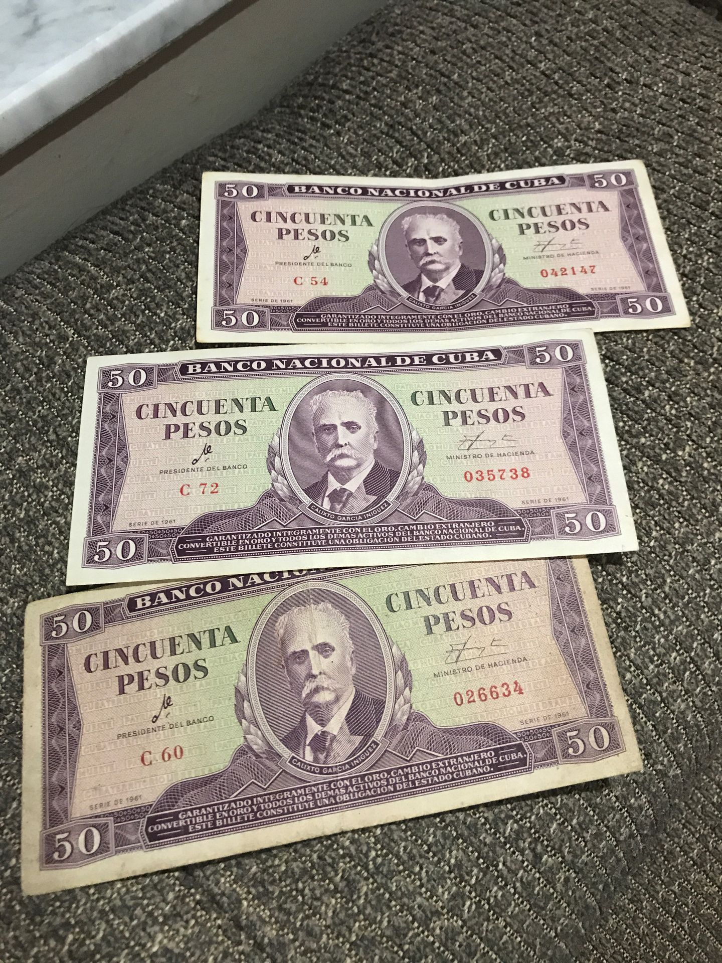 $50 pesos signed in 1961 by the president of the national bank of Cuba Ernesto “Che” Guevara. The price is for each bill.