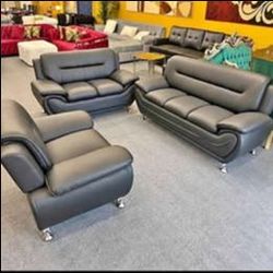 3 Pc Black Leather Sofa Set