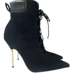 Good American Scandal Lace-Up High Heel Booties (Size 9.5, Black)