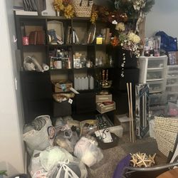 CRAFTING SUPPLIES AND BLACK SHELF