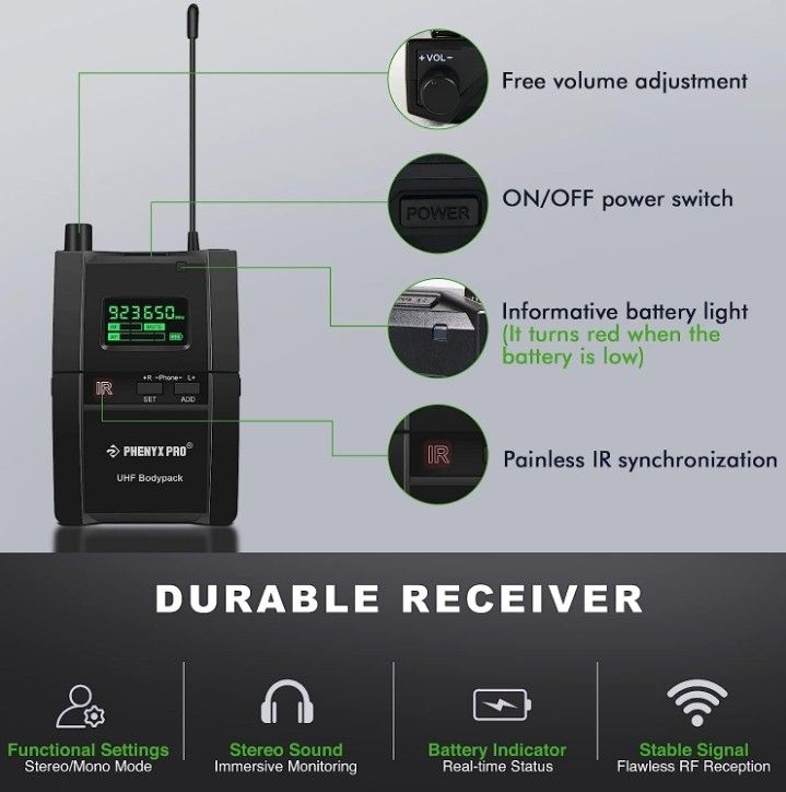 Phenyx Pro UHF Stereo Wireless in Ear Monitor System, Wireless IEM, 900MHz Band Selectable Frequency, Rack Mountable, 160 ft. Operation, Ideal for Sta