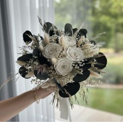 Ivory White Dried Flower wedding Bridal Bouquet with Preserved Roses, Elegant Boho Rustic Wedding Flowers