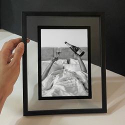 Framed Woman Drinking MOËT Champagne In Bed matte paper Print, Black And White