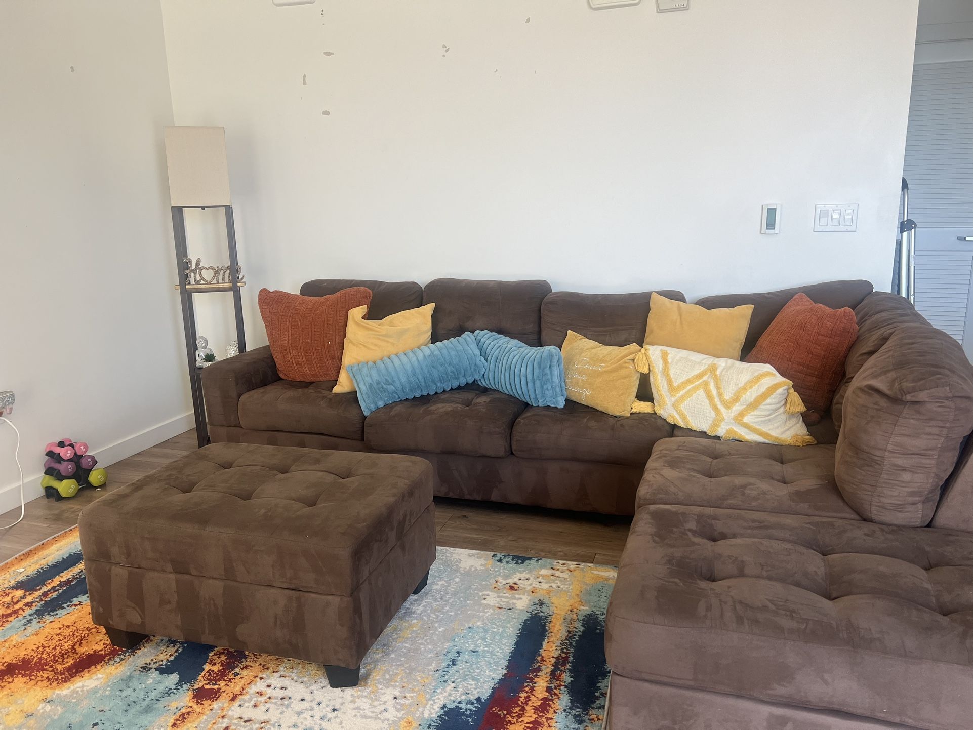 Brown Fluffy Sectional Couch and Table Set
