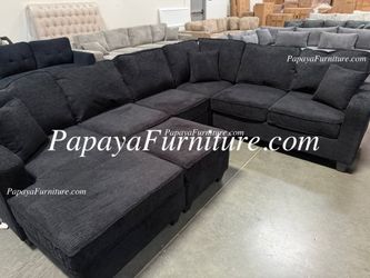 NEW LARGE U Shape Sectional Sofa Chenille Fabric Black Dark Grey Modern with Chaise and Ottoman Set Couch Big SALE Discount Furniture Warehouse Ashley