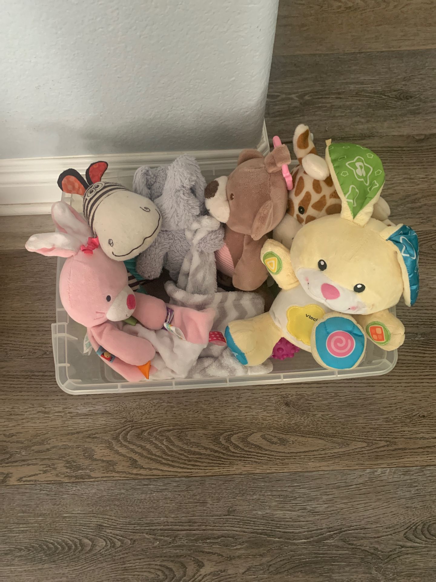 Baby toys including Eddie Bauer cuddle toy brand new with tags, VTech Peek a Book Bunny, Squeezy Zeeby Musical Accordian and Taggies Baby Love Bunny