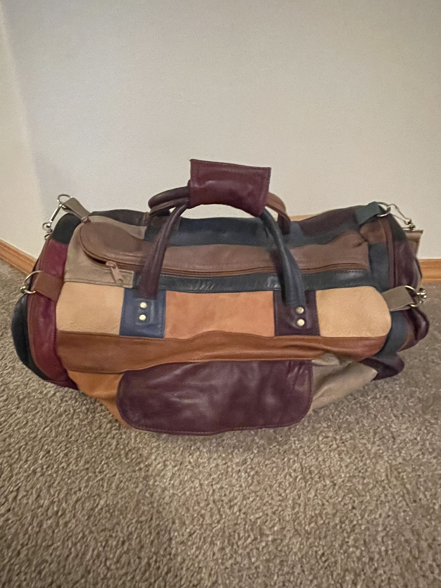 Vintage patchwork, leather duffel bag