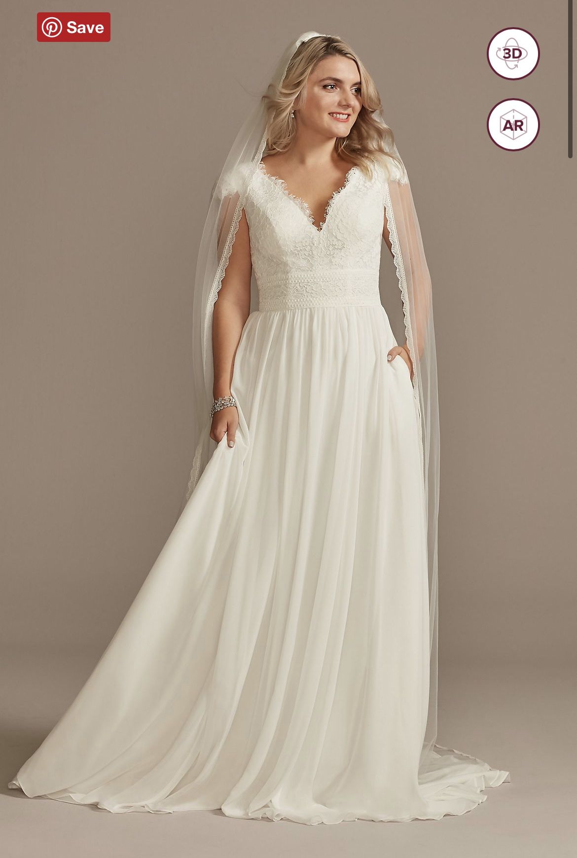 Lace Illusion Back Chiffon Wedding Dress - Davids Bridal Size 12 (fits like Size 6-8)