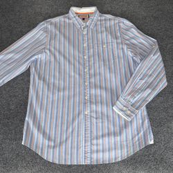 Thomas Pink Shirt Mens L Blue Striped Luxury Dress Office Business Casual Cotton