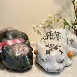 A Pair of Vintage Chinoiserie Ceramic "Nemuri Neko" or "Lucky" Sleeping Cats Porch Pick Up, Hendersonville 