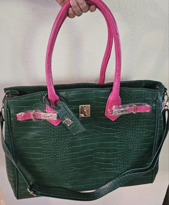 Pink and Emerald Shiny Faux Crocodile Brushed Gold Hardware Handbag - New