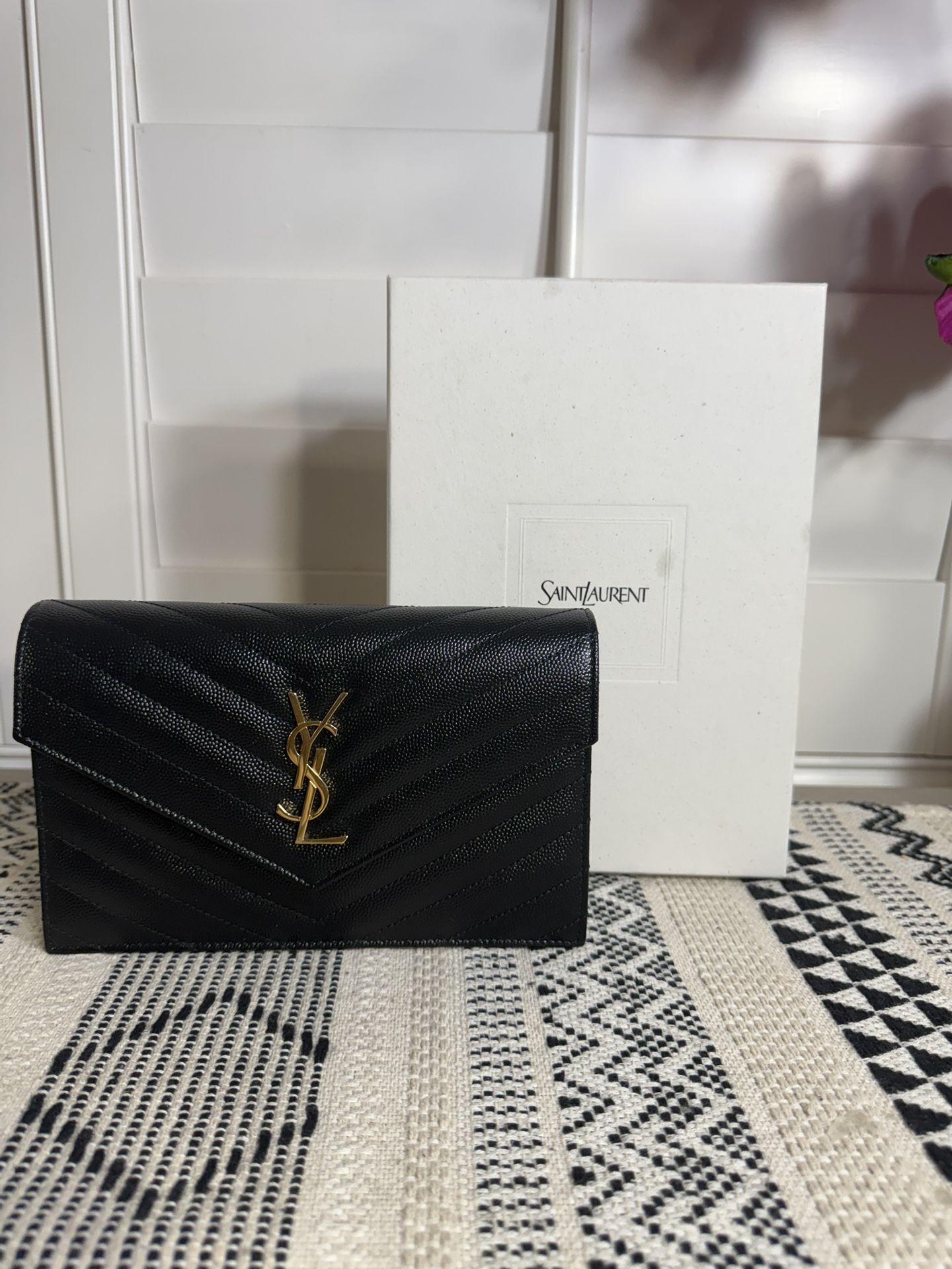 ✨ AUTHENTIC Saint Laurent Monogram Envelope Wallet – Black Grain de Poudre ✨