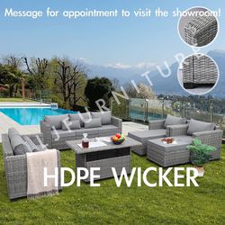 NEW🔥Outdoor Patio Furniture HDPE WICKER Grey with Grey 4" cushions and 42” Firepit Covers ASSEMBLED