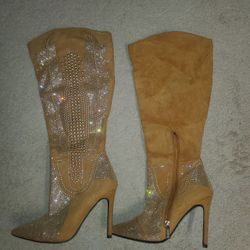 3 OAKLEY LIVIN LARGE RHINESTONE HIGH HEEL POINTED WESTERN BOOTS-TAN