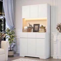 71'' Kitchen Pantry Cabinet with LED Light and Charging Station, Tall Kitchen Hutch Storage Cabinet