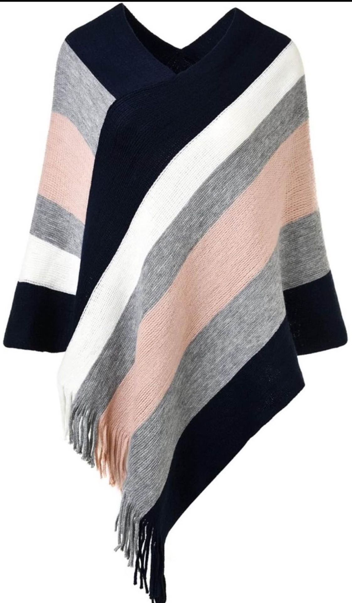 Brandnew Women's Casual Striped Poncho Sweater Versatile Fringe Shawl Wrap