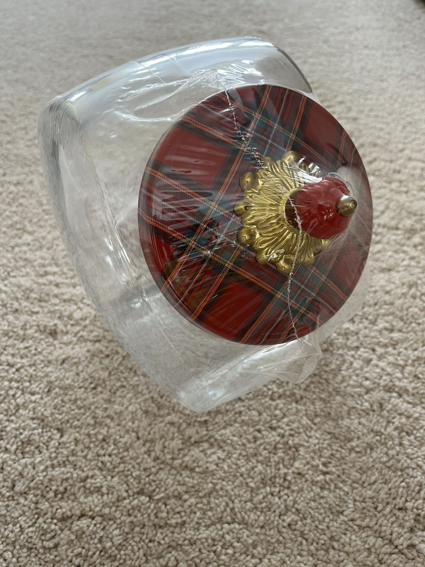 MacKENZIE CHILDS RED TARTAN LID COOKIE JAR BNIB