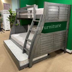 Twin Full Twin Grey Bunkbed With Orthopedic Mattress Included 