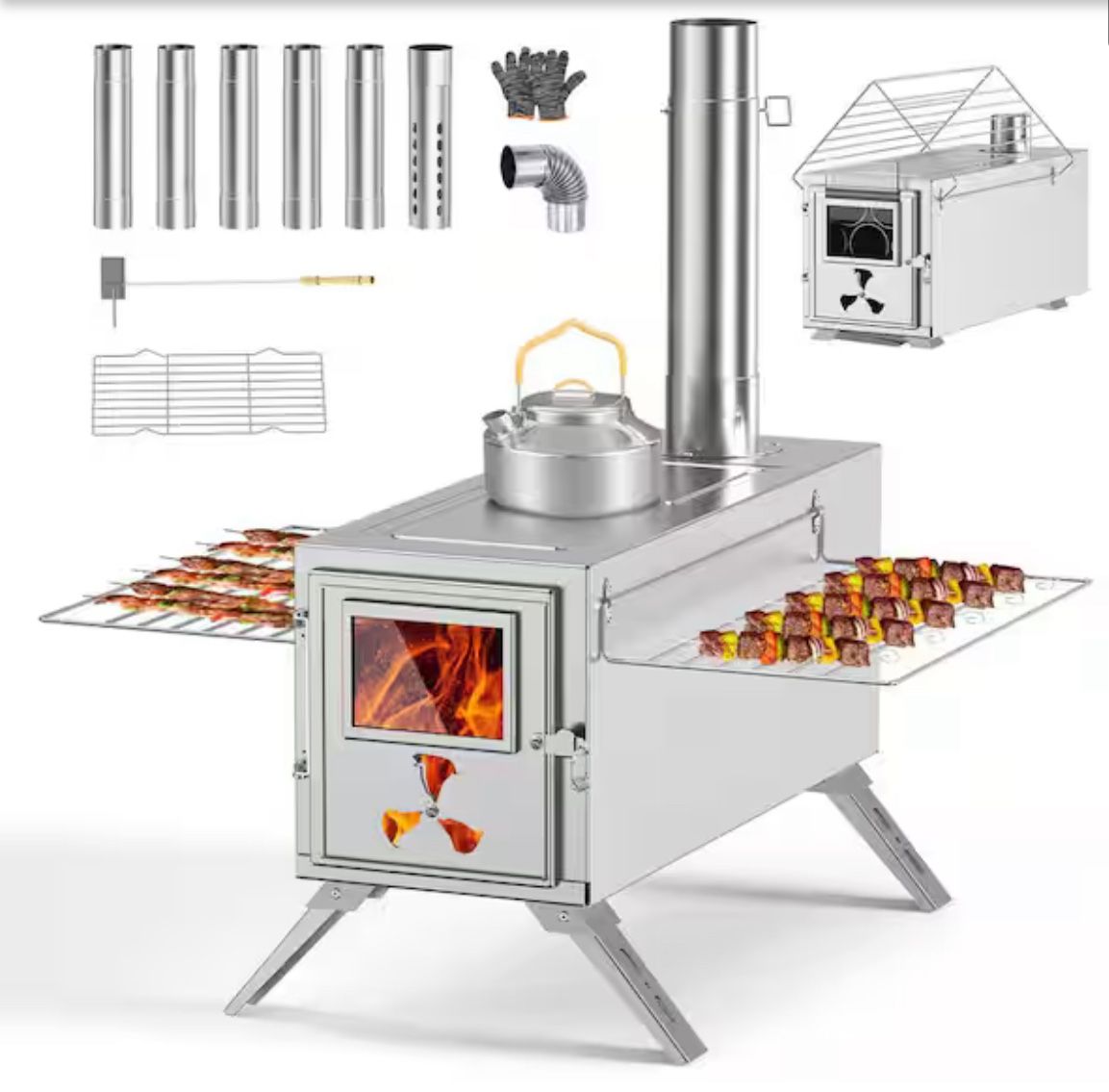 Camping Tent Stove Portable Wood Burning Stove with Window, 7 Chimney Pipe Folding Hot Tent Stove for Outdoor Camping