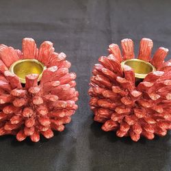 Vtg Autumn Accents 2 Polyresin Pine Cone Candle Holders Red 1998