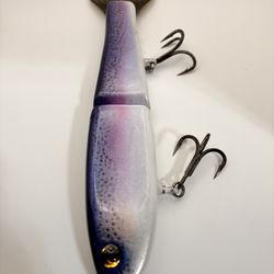 Big Handmade Cedar Wood Glider Swimbait, Surface Floating Custom Pained In Purple Trout .