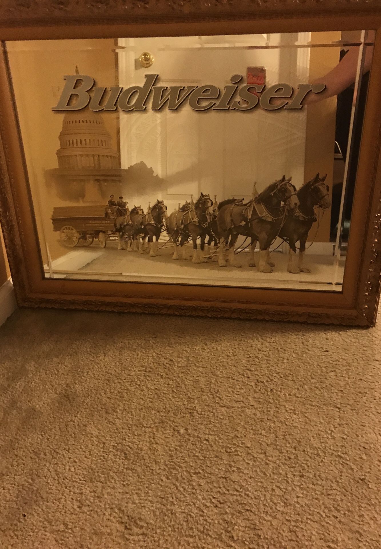 Very old collectible Budweiser glass with gold Clydesdales horses gold frame very heavy 32 1/2 inches wide 26 inches tall