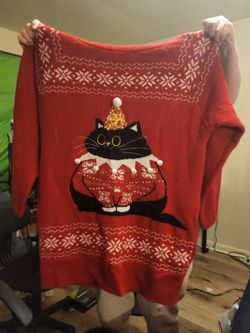 Large Women's Red Turtleneck Christmas Sweater – Black Cat in Ugly Sweater with Gold Glitter Hat & Pom Poms – Size [Add Size] – $15