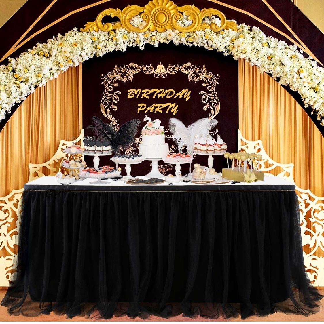 Suppromo 14 Black Tutu Table Skirt for Parties Ruffle Tulle Table Skirt for Black Gold Theme Birthday Party Graduation Wedding Baby Shower Decoraitons