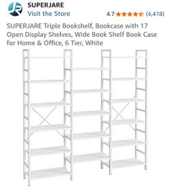 Triple Bookshelf, Bookcase with 17 Open Display Shelves, Wide Book Shelf Book Case for Home & Office, 6 Tier, White
