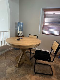 Round wood dining table + chairs