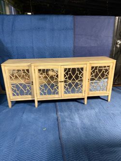 Cream Wood Sideboard with Mirrored Fretwork Doors
