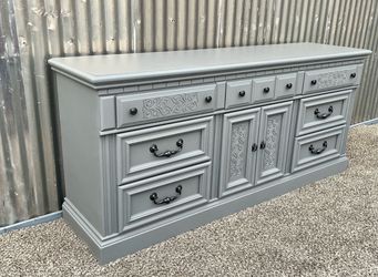 Large Refinished Vintage Gray Dresser / Credenza, Excellent Conditon