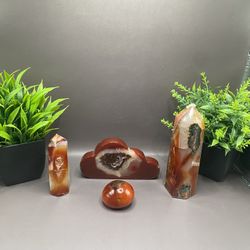 Carnelian Bundle Hand Carved Cloud, 229 G 6.3“ X 4.1“, Tower 308 G 6.8 Inches, Tower 104 G 5 Inches, Boba 70g