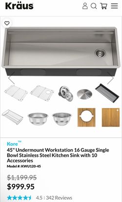 KRAUS Kore Workstation 45” Undermount 16 Gauge Stainless Steel Sink, KWU120-45