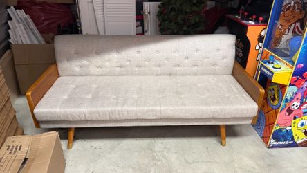 Mid-Century Modern Tufted Sofa – Wood Arms – Excellent Condition Couch 6 Foot Feet Ft