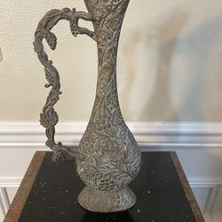 Vintage Decorative Ewer Hand-Etched Brass Pitcher 12”