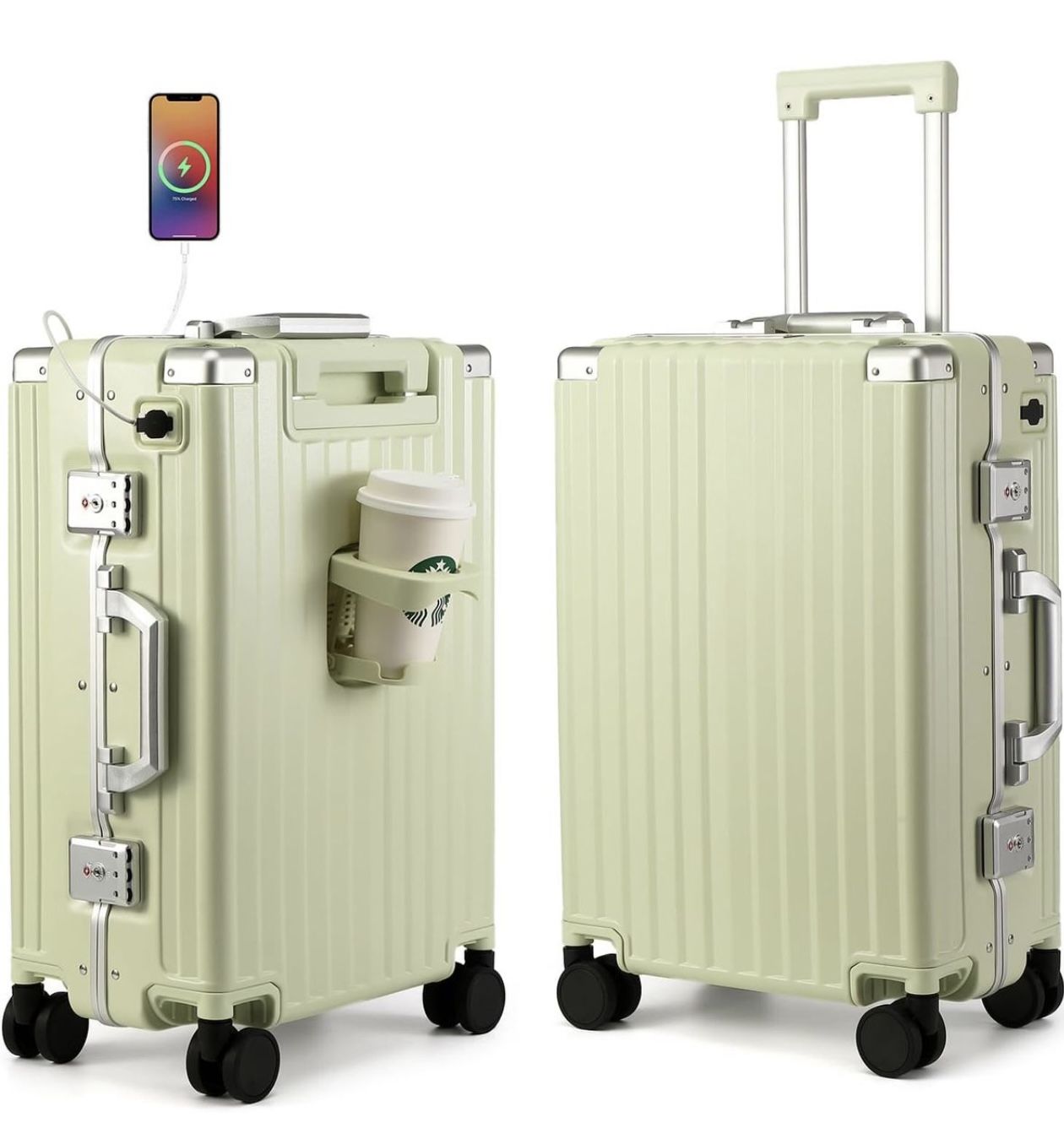 MYER Hard Case 24 Inch Checked Luggage with Spinner Wheels, Aluminum Luggage with 100% 3-Layer PC,Hard Shell Suitcases with Wheels, Cup Holder and USB