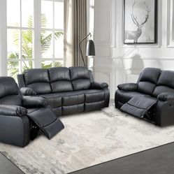 Black leather fully reclining three piece couch set