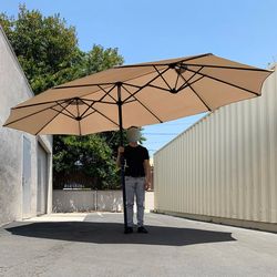 (New) $95 Large 15 FT Double Sided Umbrella Outdoor Patio, Tan color (Weight base not included)