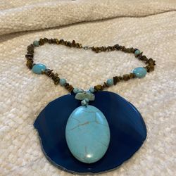 Gorgeous Large Turquoise Pendant & Tiger’s Eye Beaded Necklace