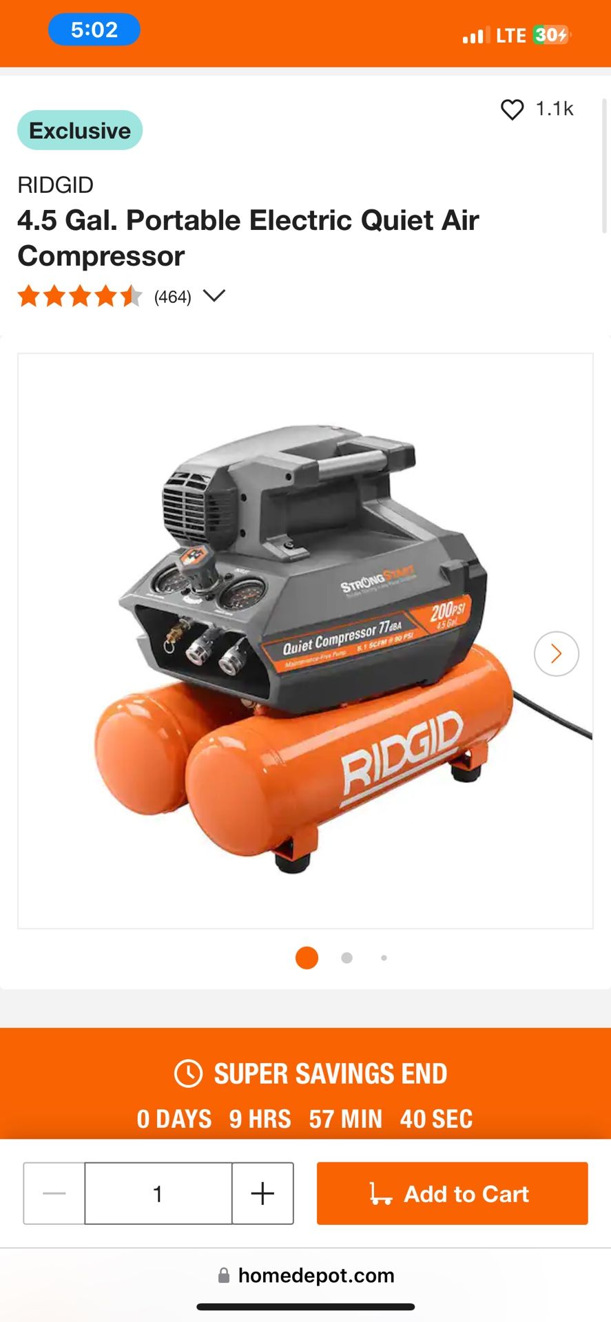 RIDGID 4.5 Gal. Portable Electric Quiet Air Compressor
