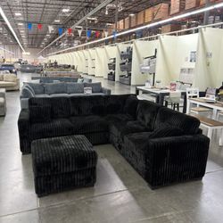 BRAND NEW THICK FLUFFY BLACK CORDUROY SECTIONAL SOFA COUCH WITH OTTOMAN